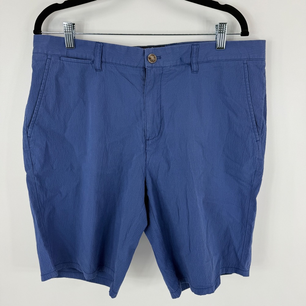 Johnnie-O Surfsuckers Blue Seersucker Shorts‎ Mens 35 Flat Front Surfer Logo